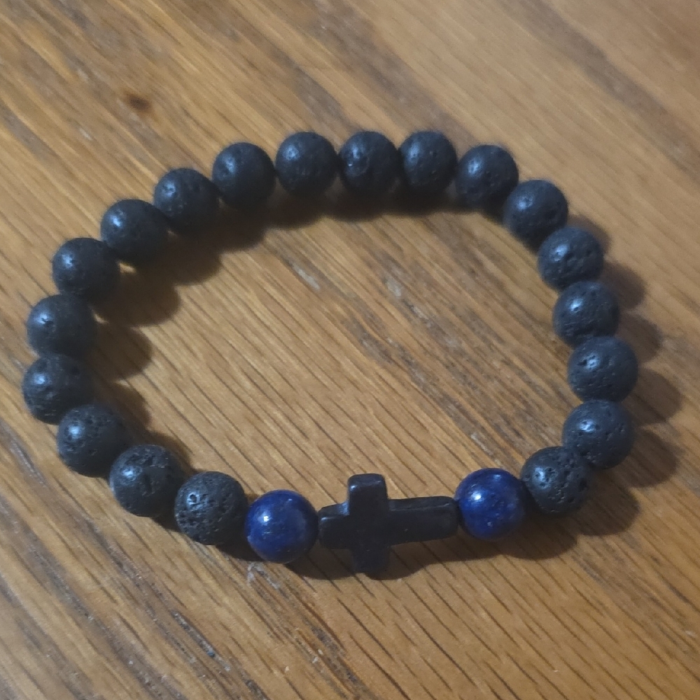 Black Lava Bead Bracelet with Blue Accents and Cross